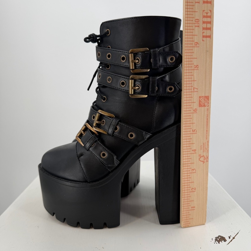 Womens Size 6 Black Platform Boots Goth Punk Buckle Strap Chunky Heel - Picture 8 of 16